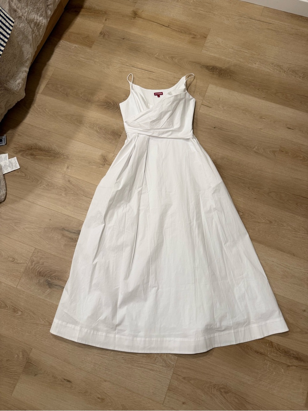 STAUD White Cotton-Blend Maxi Dress with Spaghetti Straps